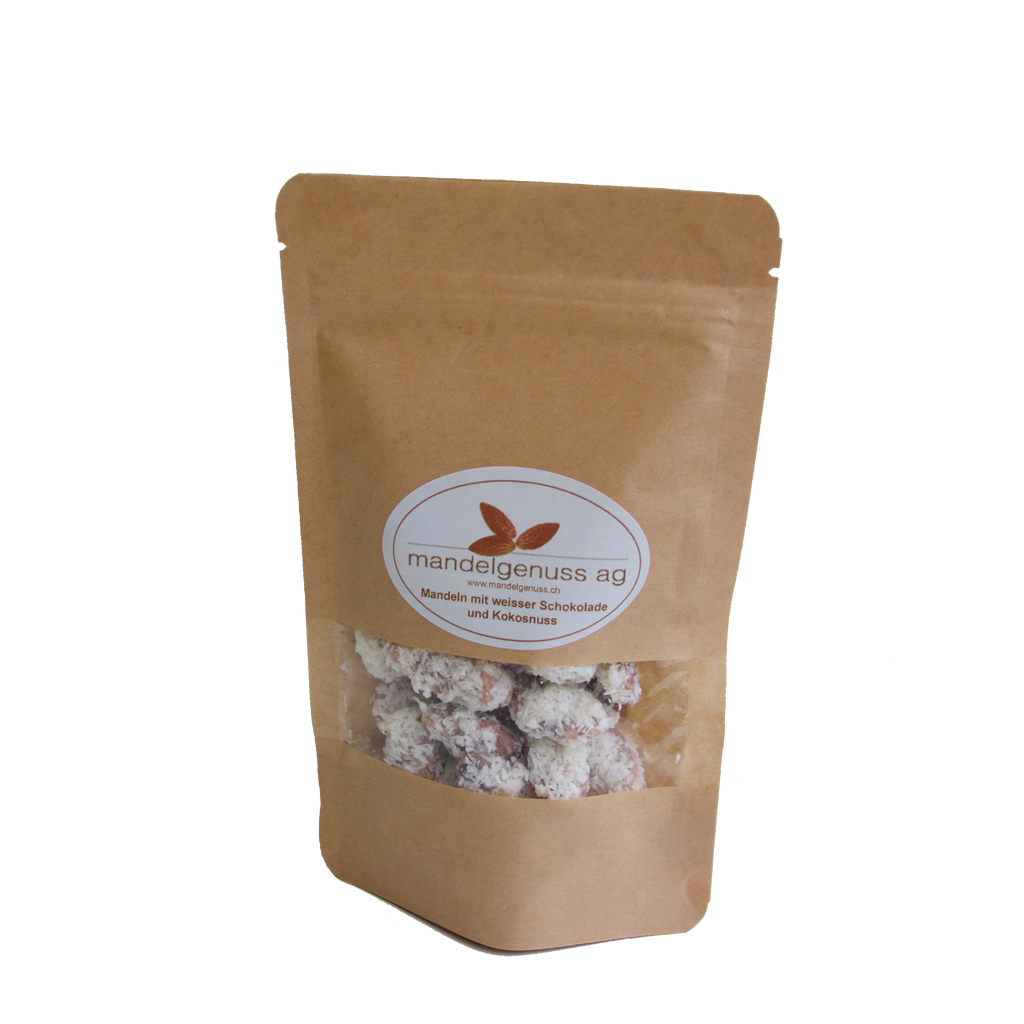 Mandeln mit weisser Schokolade und Kokosnuss 120g - Kalifornische Mandeln, ein Genuss | mandelgenuss