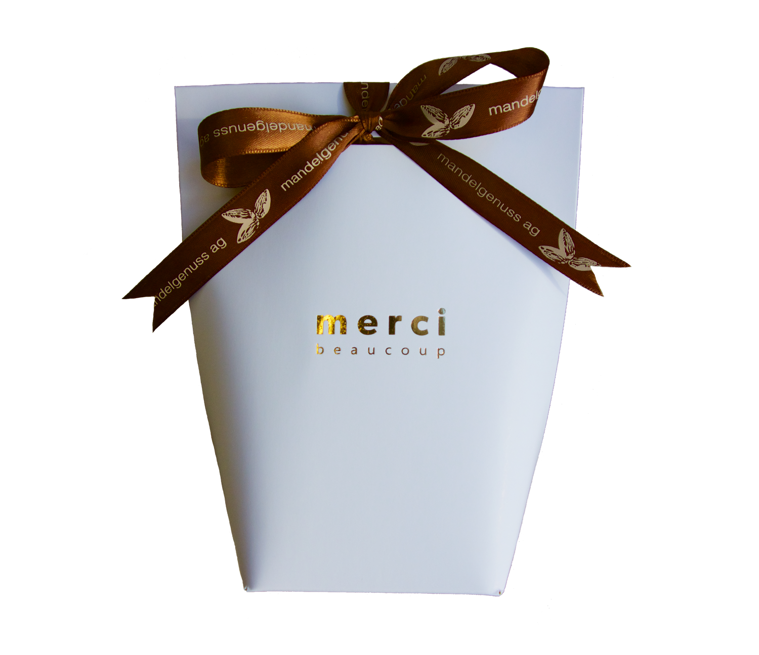 Edle Geschenktüte "Merci" (Weiss) - Kalifornische Mandeln, ein Genuss | mandelgenuss 